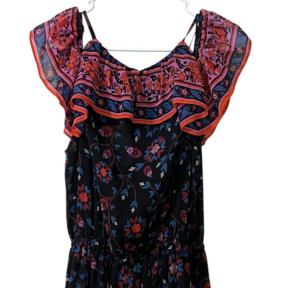 Joie NWT 100% silk high low hem floral ruffle midi dress black pink red blue - Picture 7 of 16